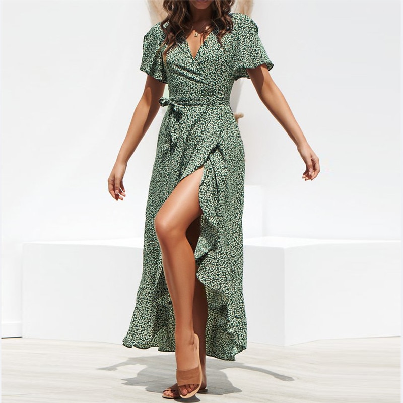 Vestido de verano largo de chifón largo con volantes, informal, dividido