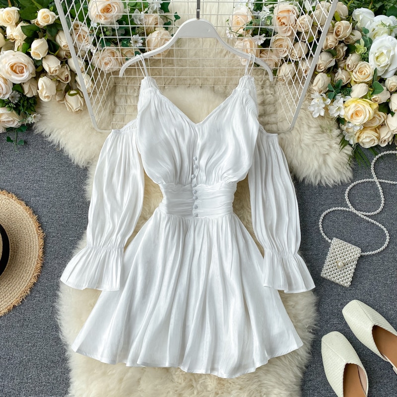 Vestido de verano de hombro sin mangas de manga larga, cuello en V