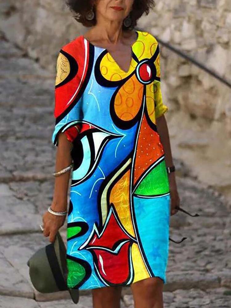 Las mujeres elegantes vestido de verano con cuello en V de manga mitad de una línea de Vestidos de mujer Vintage botón vestido Vestidos