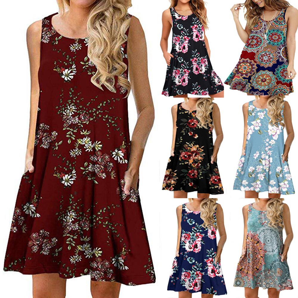 Vestido sin mangas liso plisado playero informal con estampado Floral de verano para mujer