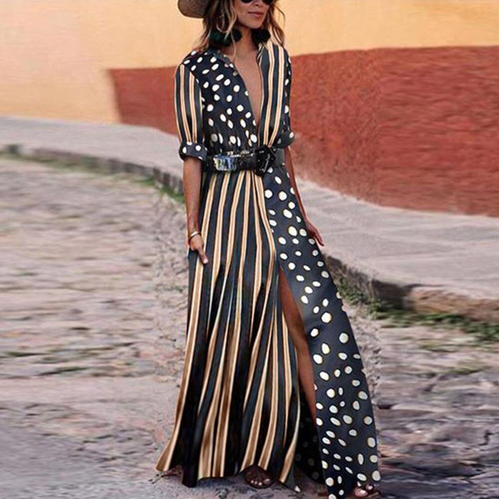 Vestido de primavera largo con estampado Floral, manga larga, cuello de pico