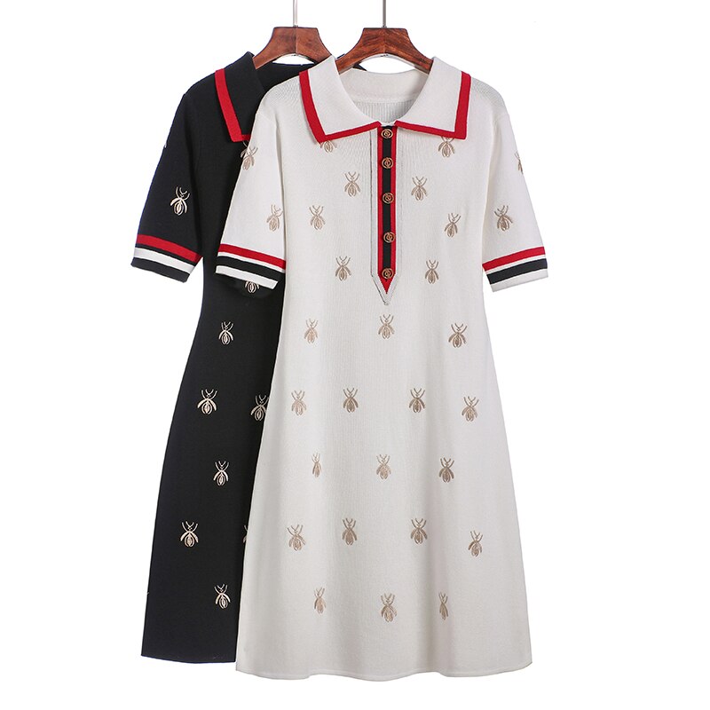 Vestido de punto con dibujos animados para primavera y verano, Polo bordado para mujer, de talla grande, negro, informal, recto hasta la rodilla, 2020