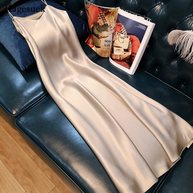 Cuello en V Sexy vestido de verano de las mujeres sin mangas 2021 de talla grande Midi Vestido de satén correa de espagueti Vestidos de las señoras Vestidos 13115