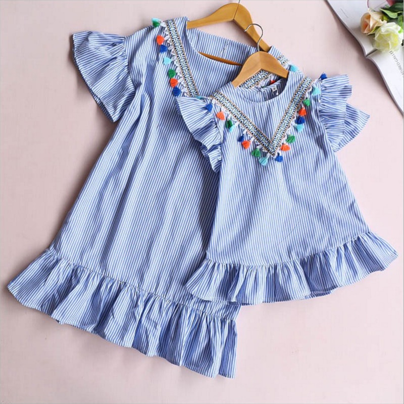 Familia juego ropa nueve cuarto de vestido con borlas mini vestido para madre e hija trajes de verano ropa de madre e hija