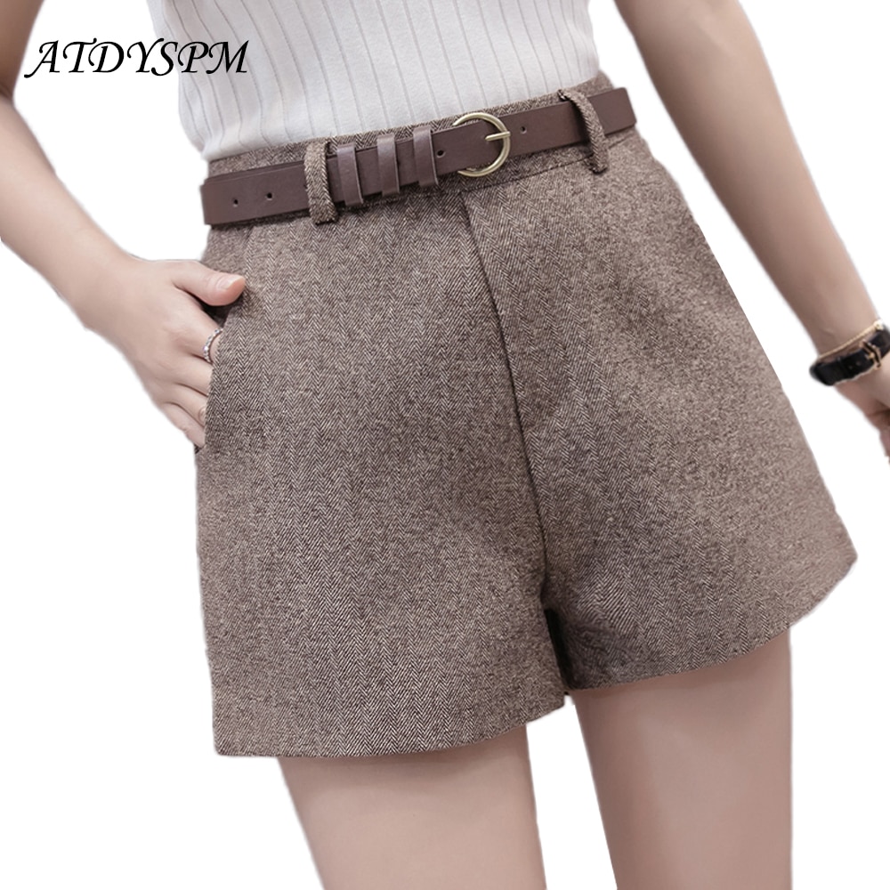 Pantalones cortos de lana de cintura alta para mujer, ropa de abrigo cálida, pantalón corto de pierna ancha con cinturón, color caqui, gris y negro, para Otoño e Invierno