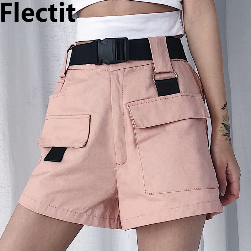 Flectit-pantalones cortos de cintura alta para mujer, Shorts con cinturón de hebilla de bolsillo, informales