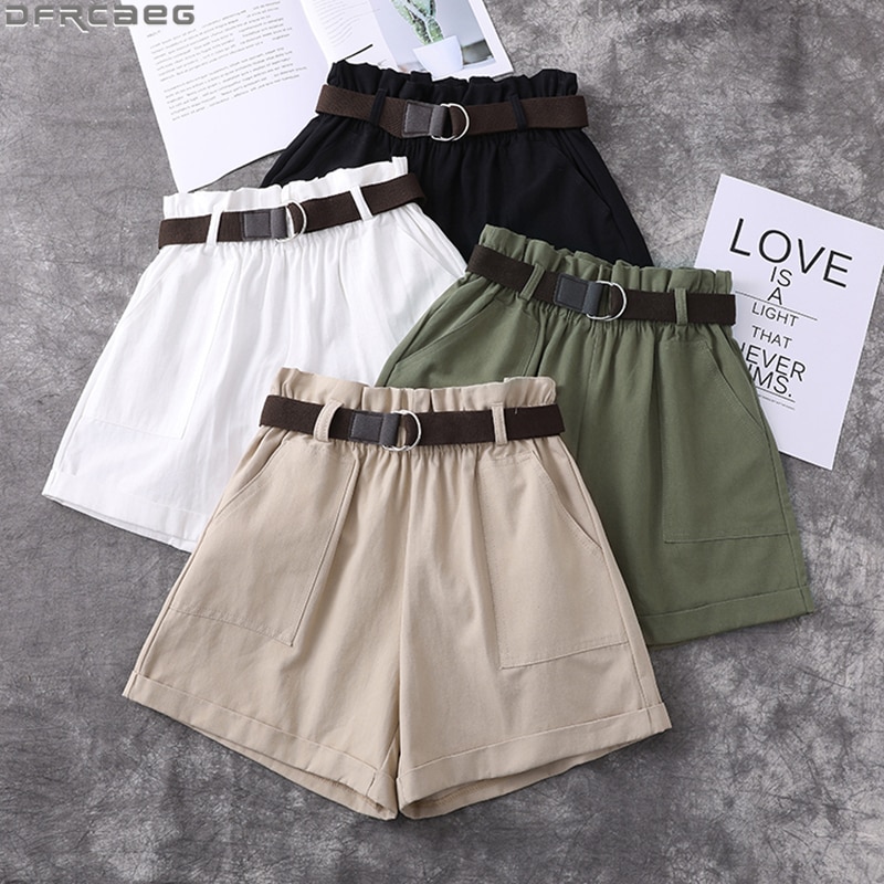 Pantalones cortos Harajuku de talla grande para mujer, Shorts elásticos de cintura alta, de pierna ancha con cinturón de algodón