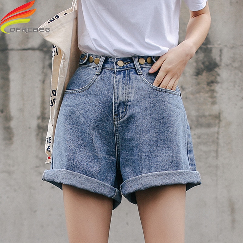 Pantalones cortos vaqueros de pierna ancha para mujer, de cintura alta, holgados, estilo coreano, para verano, 2020