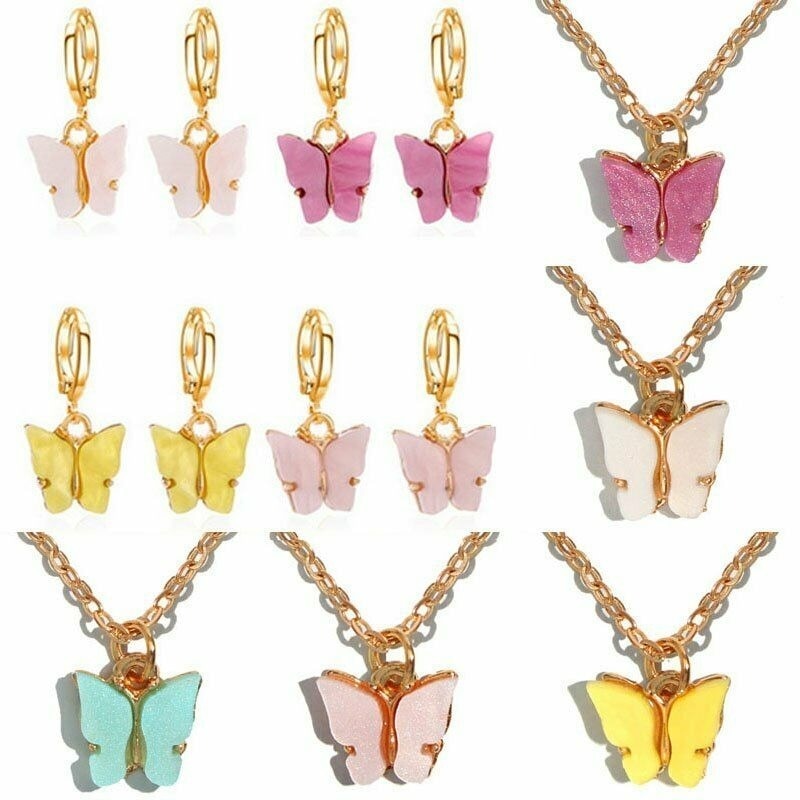 Conjuntos de joyería de mariposa acrílica a la moda, Gargantilla colgante para mujer, collar con cadena, pendientes de aro, conjunto de regalos de fiesta de boda para mujer 2020