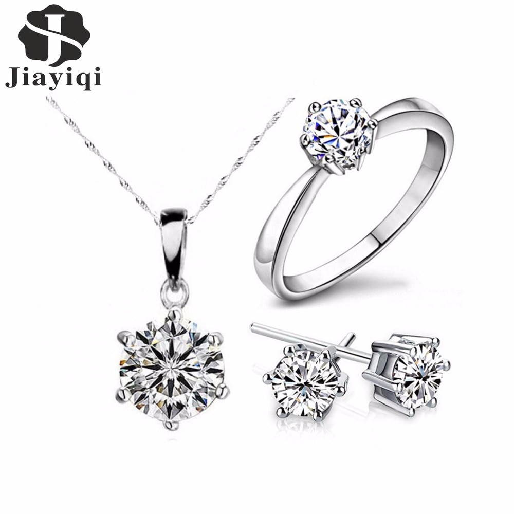 Conjunto de joyería de Color plateado para mujer, collar y pendientes con circonita cúbica, anillos de boda y joyería, regalo 2018