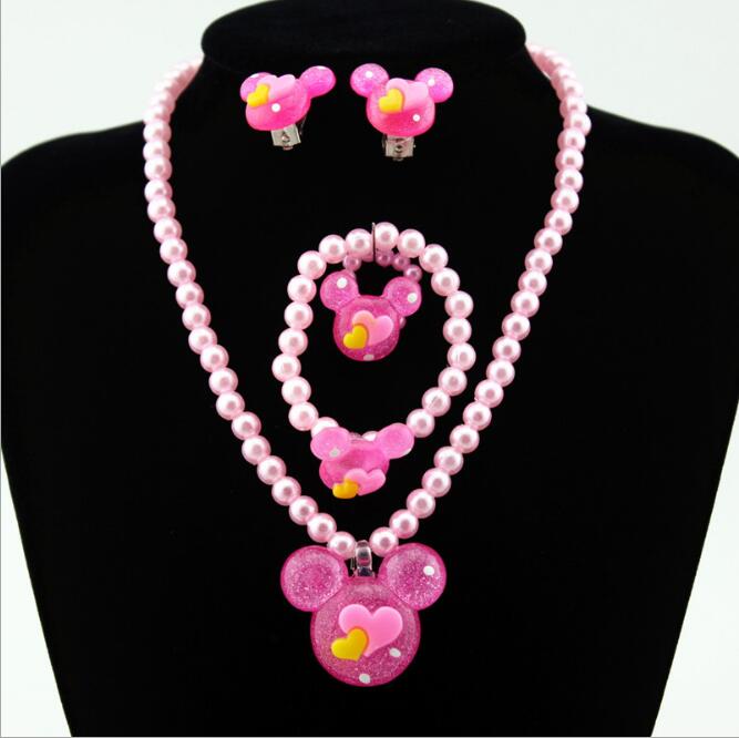 Juego de pulseras y collar con colgante de mickey para bebé, juego de joyas de perlas de imitación para niña pequeña, regalos de fiesta
