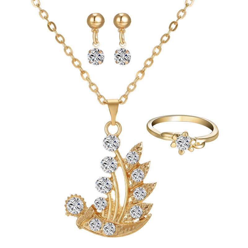 Conjunto de joyería para mujer, colgante de planta de oro de cristal, collar, pendiente, anillo, juego de Conjunto de joyas de flores