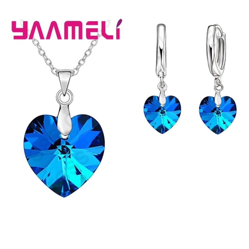 Conjunto de joyería nupcial para mujer, de Plata de Ley 925 con forma de corazón de amor, para cristal de boda de moda, colgantes, collares y pendientes