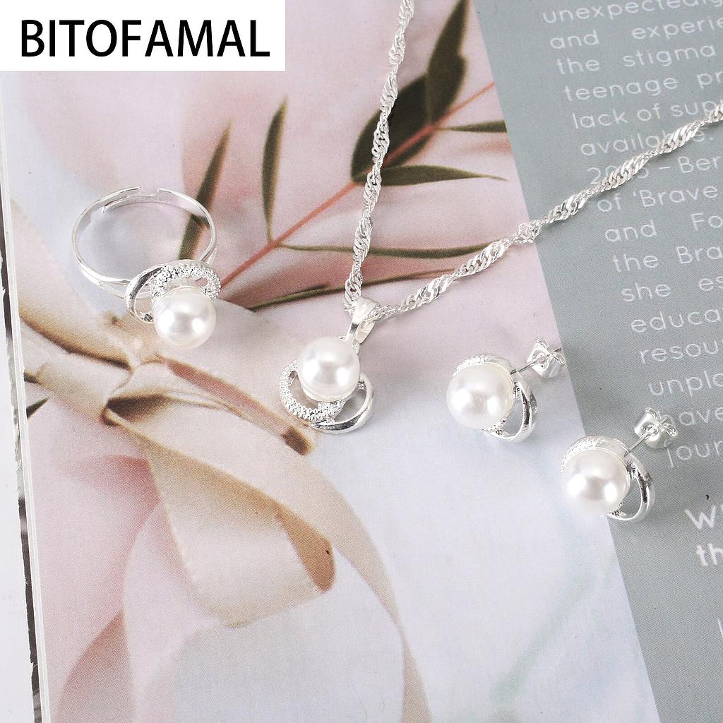 Juego de pendientes y anillo de aleación con perlas de imitación para mujer y niña, juego de anillos de aleación con perlas de imitación 3 en 1, Color blanco, regalo elegante para fiesta