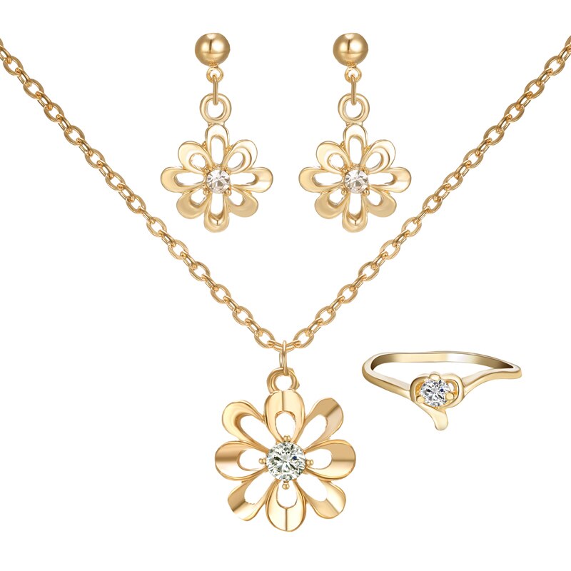 Conjunto de joyería elegante para mujer, colgante de flor dorada, collares, pendientes, anillos, conjunto de accesorios de novia bonita para boda