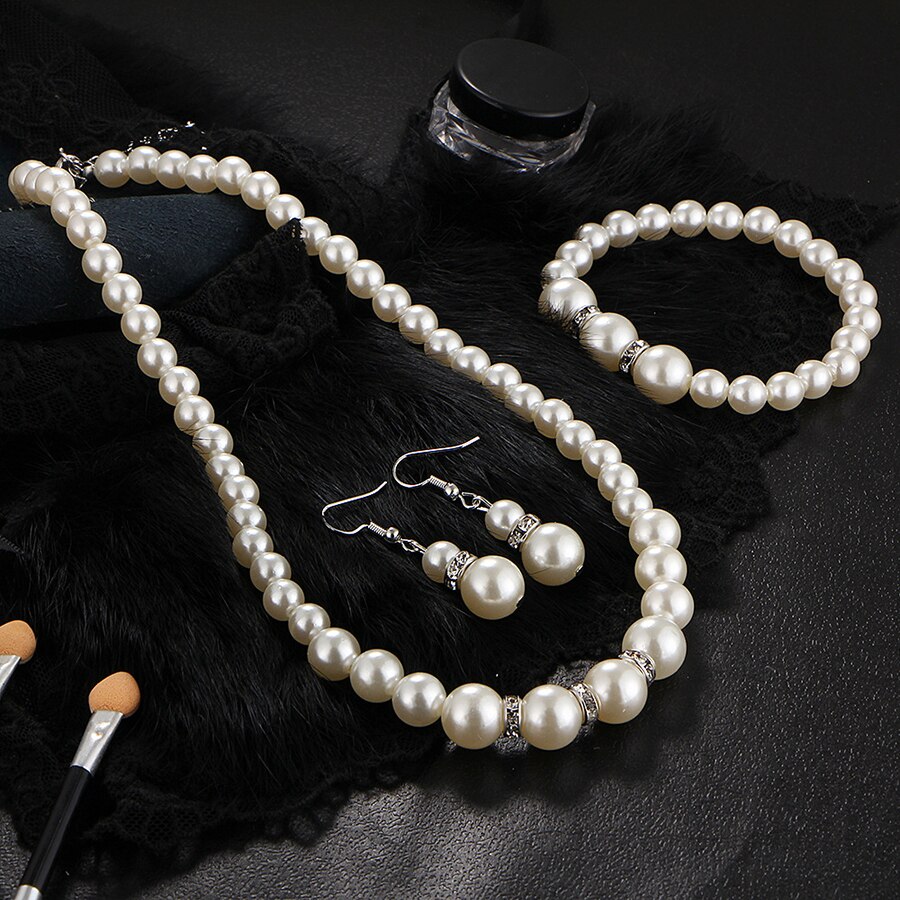 Lacoogh modernos juegos de joyas para mujer cristal blanco perlas de imitación collar pendientes pulseras moda redonda joyería de fiesta