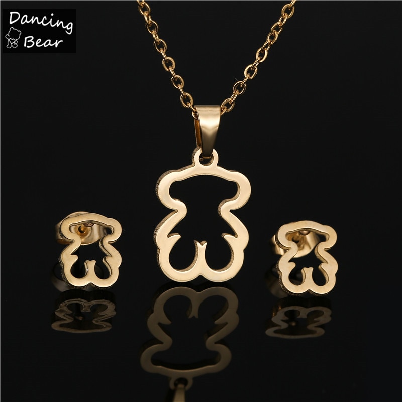 Conjunto de collar y pendientes de acero inoxidable para mujer, juego de collar y pendientes de Color dorado, con diseño de trébol y Cruz de oso, joyería que nunca pierde Color