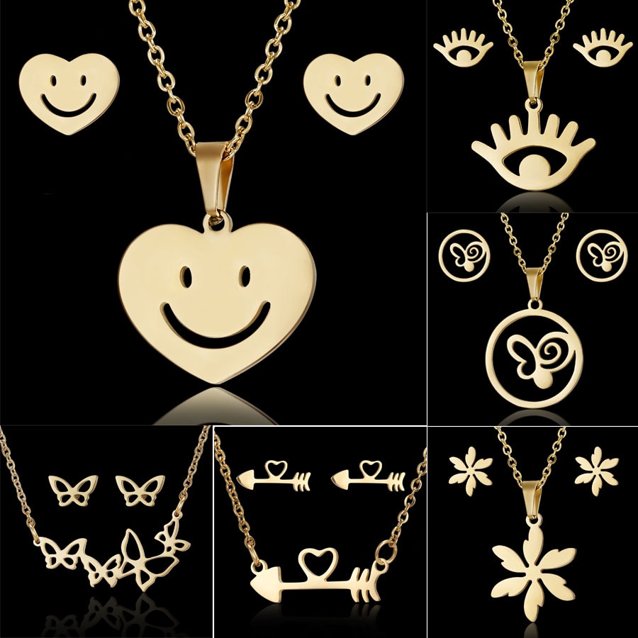 RINHOO-Conjuntos de acero inoxidable para mujer, Color dorado, flor, cara sonriente, mariposa, hueso de pescado, collar, pendientes, conjunto de joyería de boda