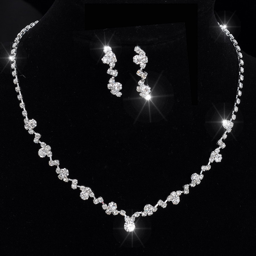 Conjunto de joyería de tenis de cristal en tono plateado, Gargantilla, collar, conjunto de joyería, pendientes, joyería nupcial, Dama de Honor de boda