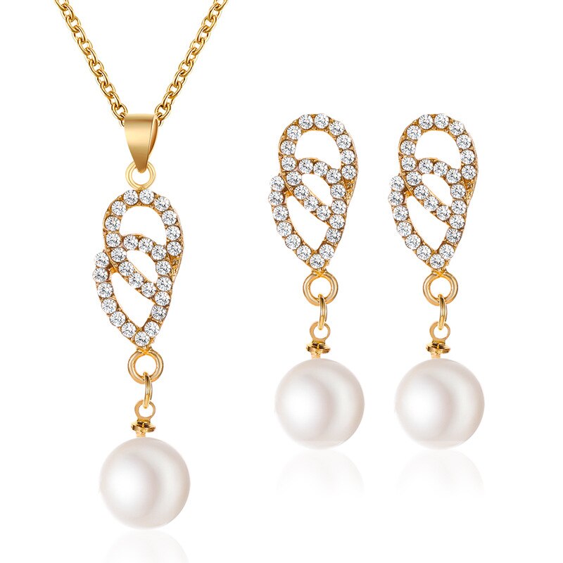 Conjunto de joyería para mujer, aretes y collar con diamantes de imitación, aretes, Color dorado