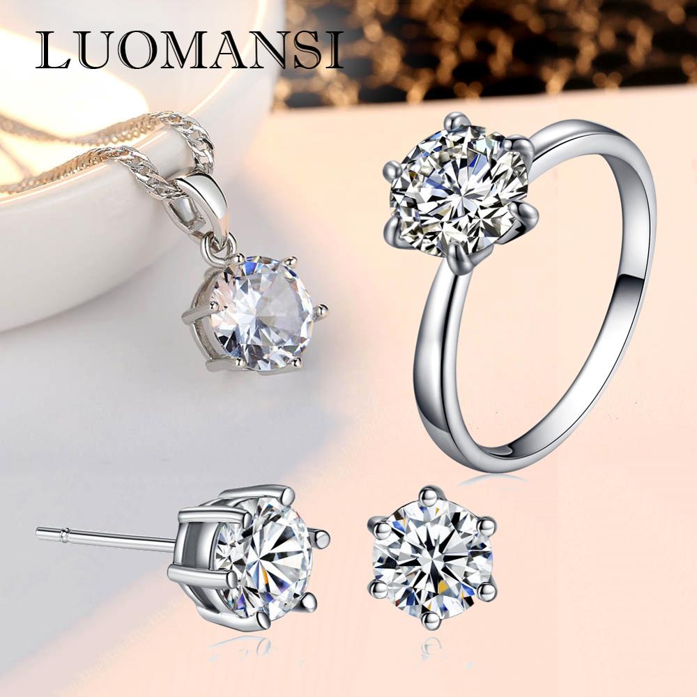 Luomansi-Conjunto de 3 piezas de joyería de lujo, anillo collar, aros, Circonia cúbica, zirconia, circonita, zirconita, 8MM, AAA, regalo para novia