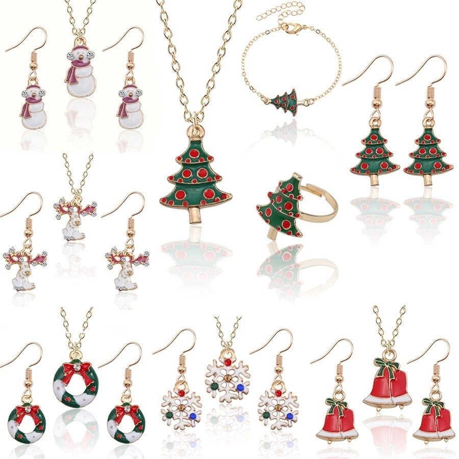 Conjunto de joyas navideñas para hombre y mujer Set de pendientes y pendientes con diseño de Papá Noel, árbol de Navidad, corona, campanas, botas, regalos, muñeco de nieve, copo de nieve, alce