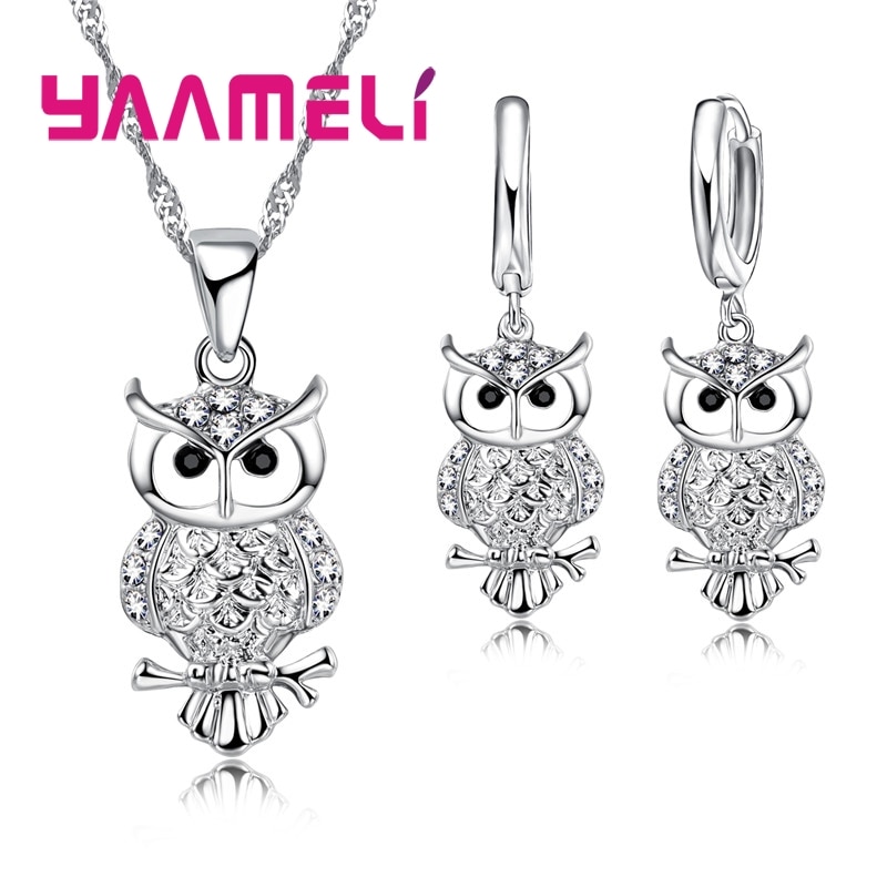 Colgante de búho de cristal AAA africano brillante, conjunto de pendientes y Collar para mujer, los mejores regalos de Plata de Ley 925, accesorio de fiesta