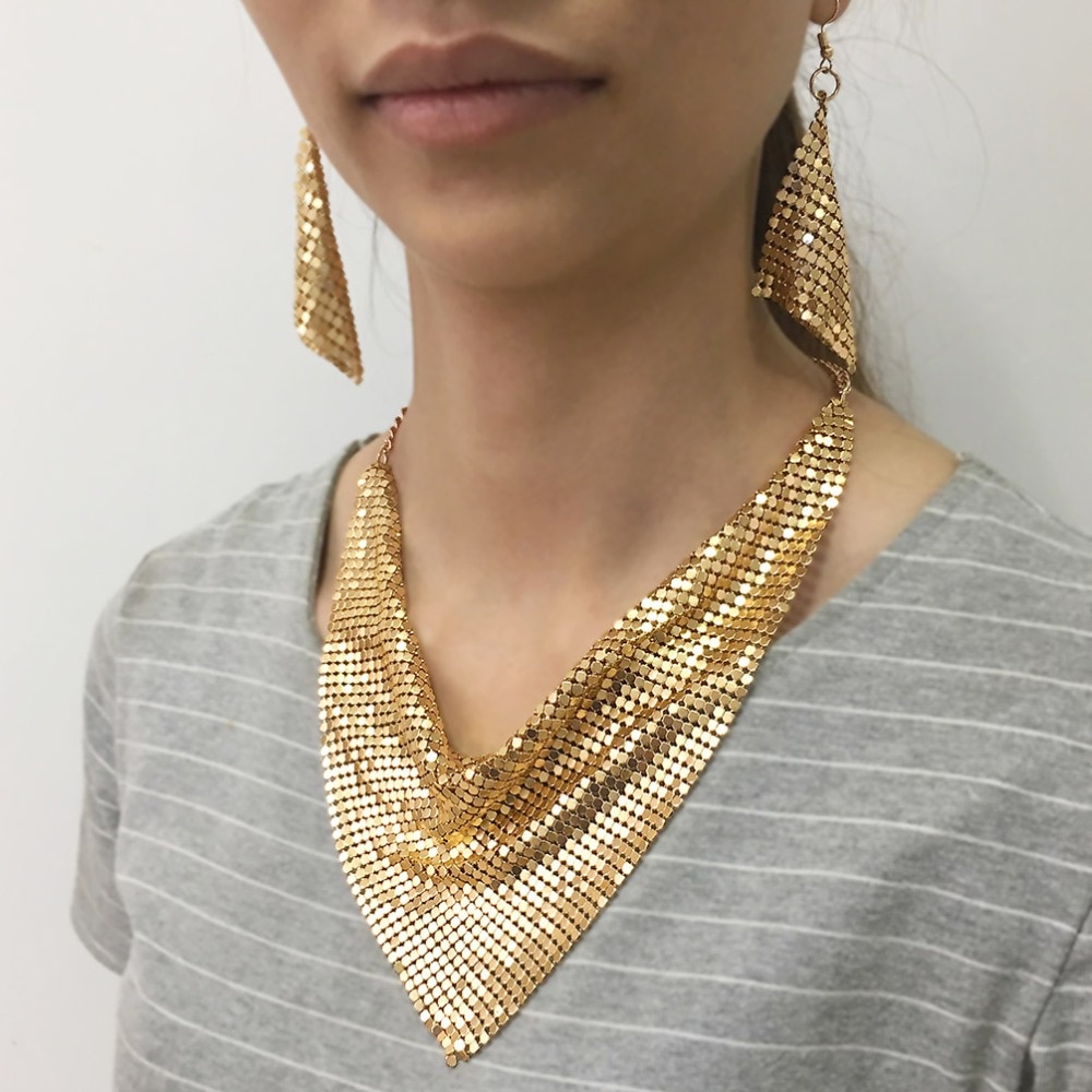 MANILAI-Conjunto de joyería india de estilo elegante, Gargantilla de Metal brillante con forma de rebanada, collares, pendientes, fiesta, boda, conjuntos de joyería Boho