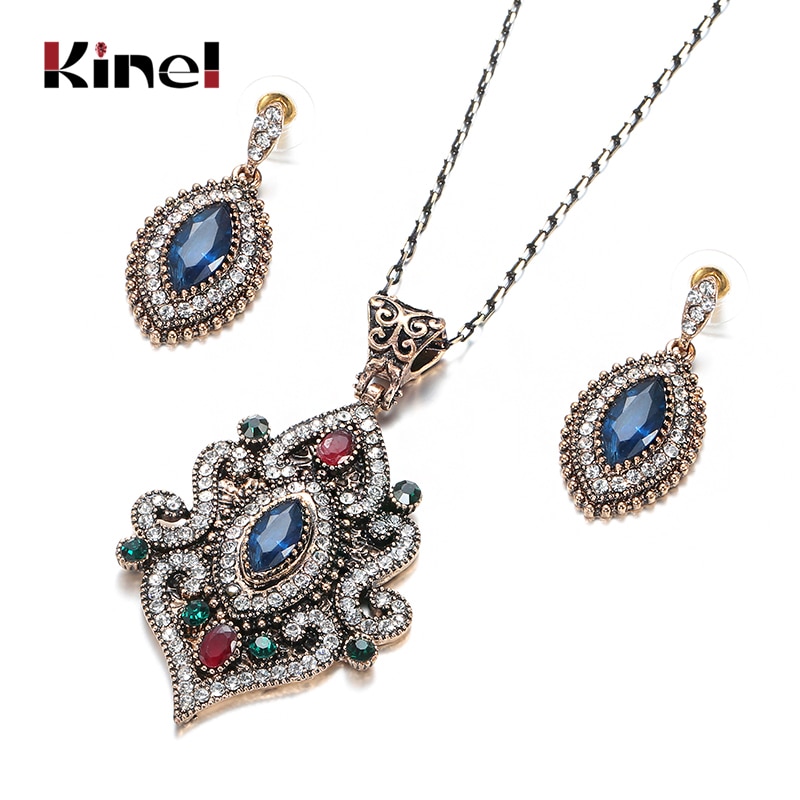 Kinel-collar con pendientes colgantes estilo étnico para mujer, conjuntos de joyería turca, oro antiguo, piedra azul, cristal, boda, 2020