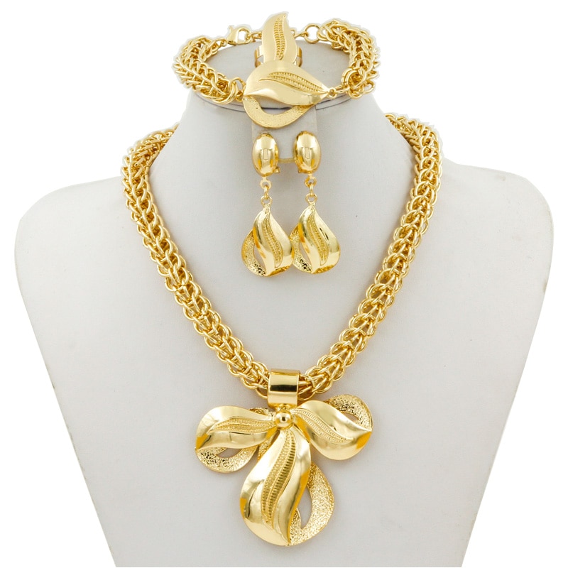 Liffly de Dubai conjuntos de joyas de oro de moda de las mujeres gran colgante collar pendientes anillo pulsera Africana conjunto de joyería de la boda