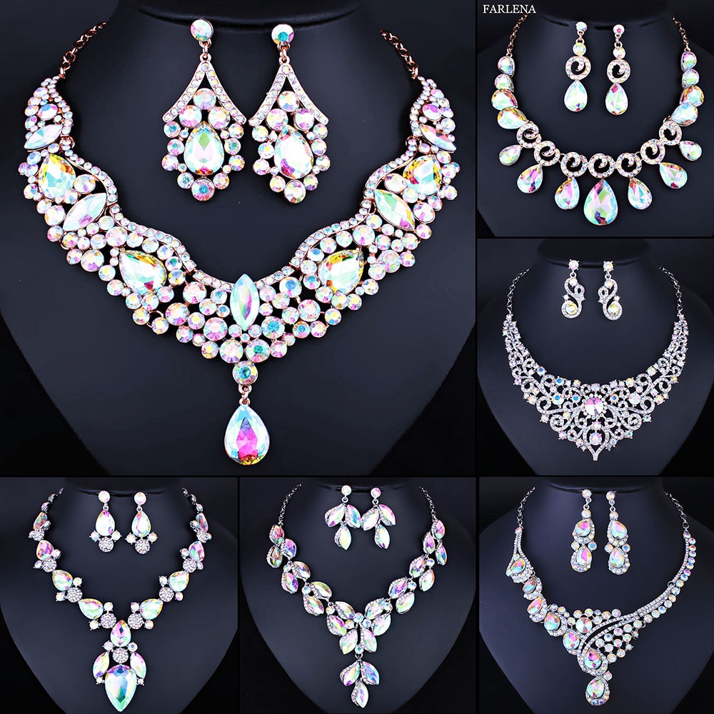 Joyería de boda FARLENA, diamantes de imitación de cristal transparente, collar de gota de agua, conjunto de pendientes para mujer, boda, novia, conjuntos de joyería de Dubai