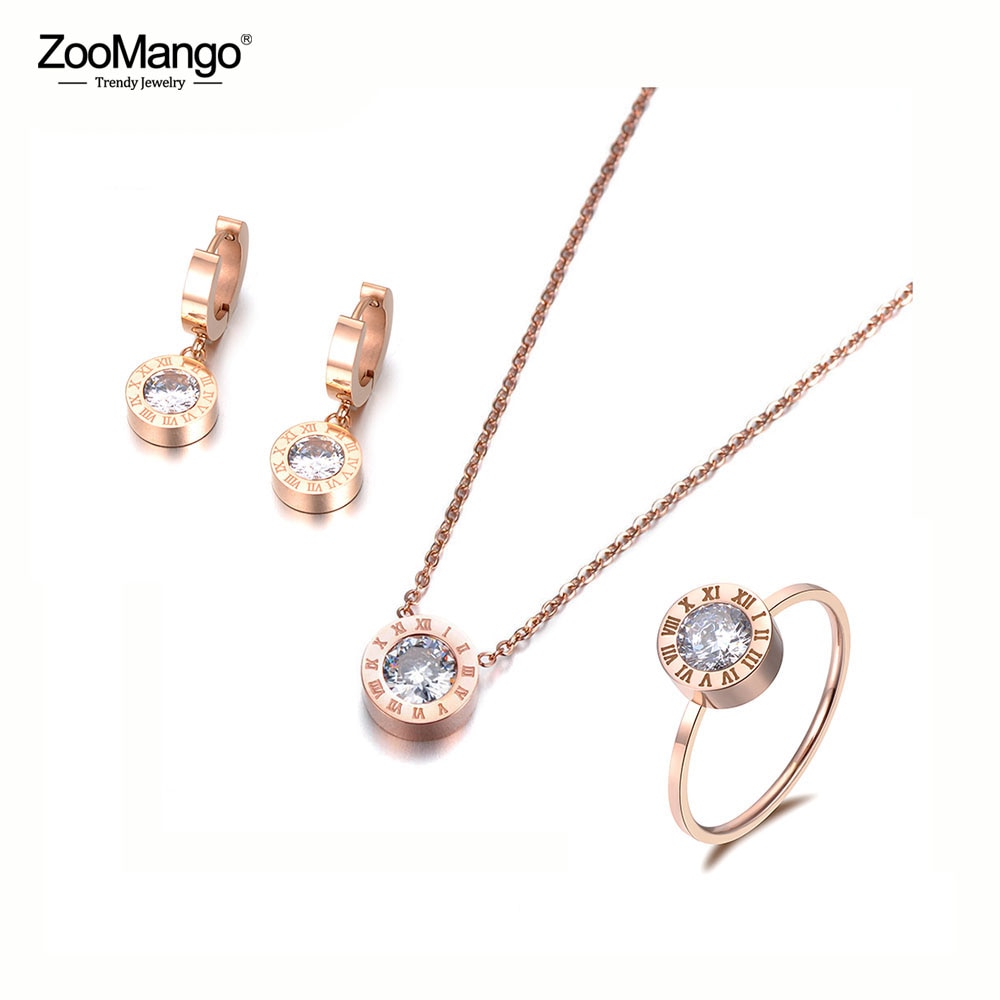 ZooMango-collar con colgante de circonia cúbica de 2 quilates, conjunto de anillo y joyería de acero de titanio para el Día de San Valentín, ZSE007R