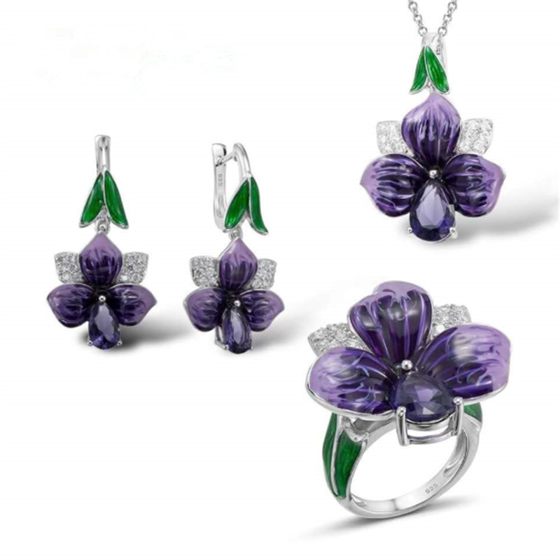 Collar de flores moradas para mujer, anillo, pendientes, fiesta de boda, regalo de cumpleaños, joyería, novedad popular, creativo, venta al por mayor