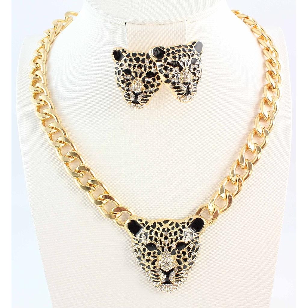 Conjunto de pendientes y collar llamativo con colgante de leopardo esmaltado en Color dorado y negro