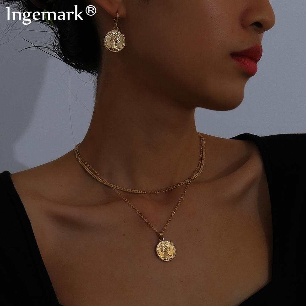 Conjunto de collar y pendientes con colgante de Ángel de amor Punk gótico para mujer, pendientes de gota con moneda tallada de Kpop, regalo de compromiso, conjuntos de joyería para parejas