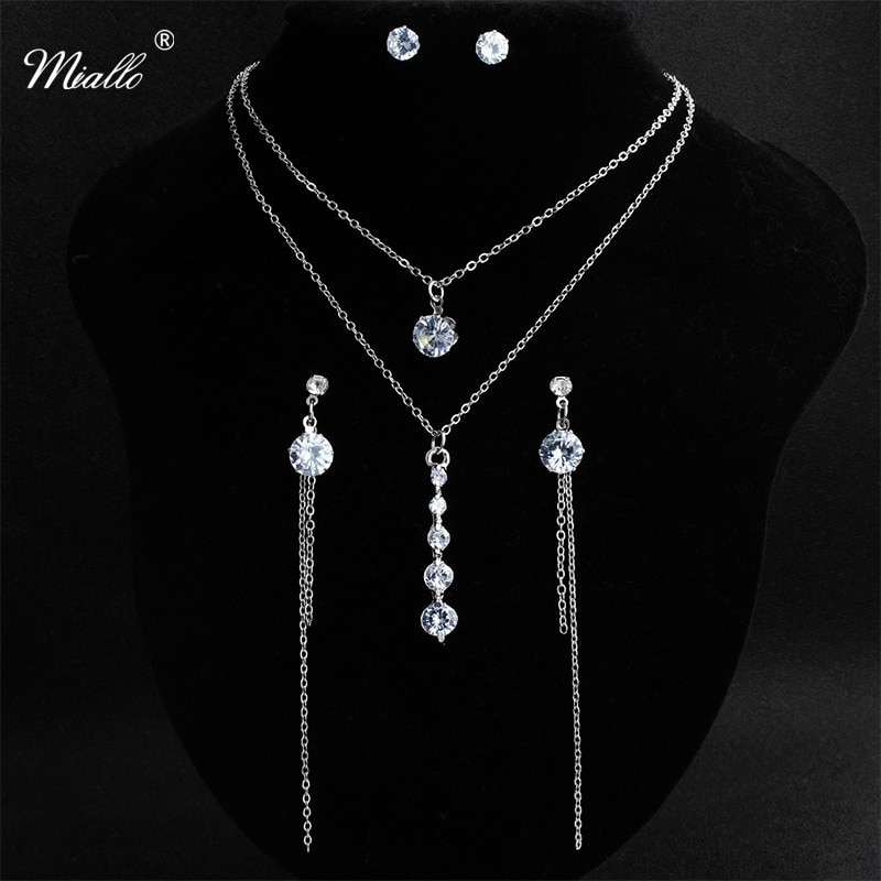 Miallo-Conjunto de collar y pendientes de circonia cúbica para dama de honor, conjunto de joyería, doble cadena, Circonia cúbica, Zirconia, circonita, zirconita, boda