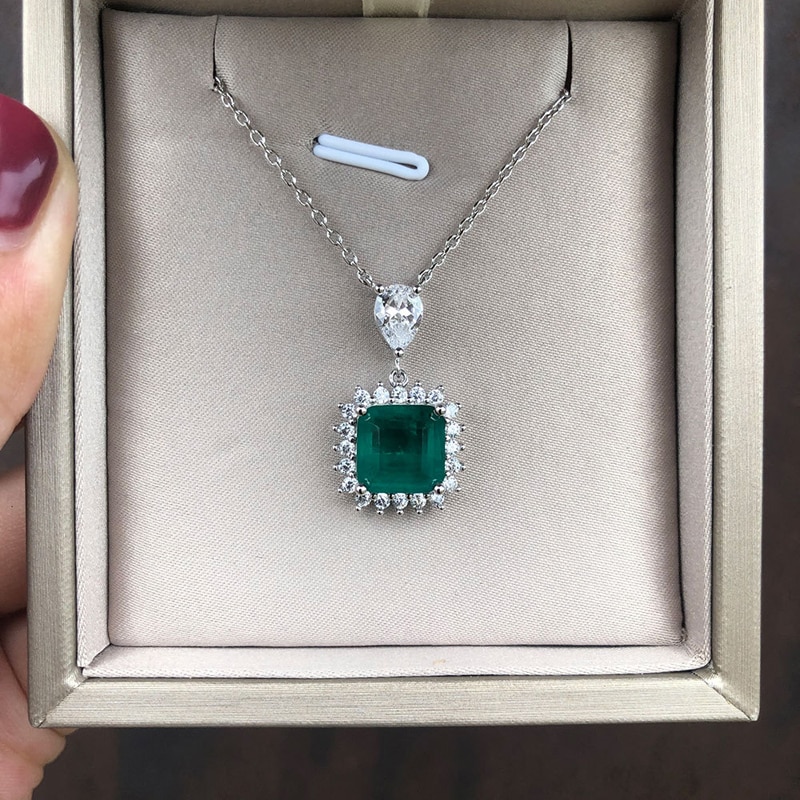 Collares con colgante de circón cuadrado verde para mujer, de 9mm, joyería brillante de alta calidad para compromiso de boda y fiesta