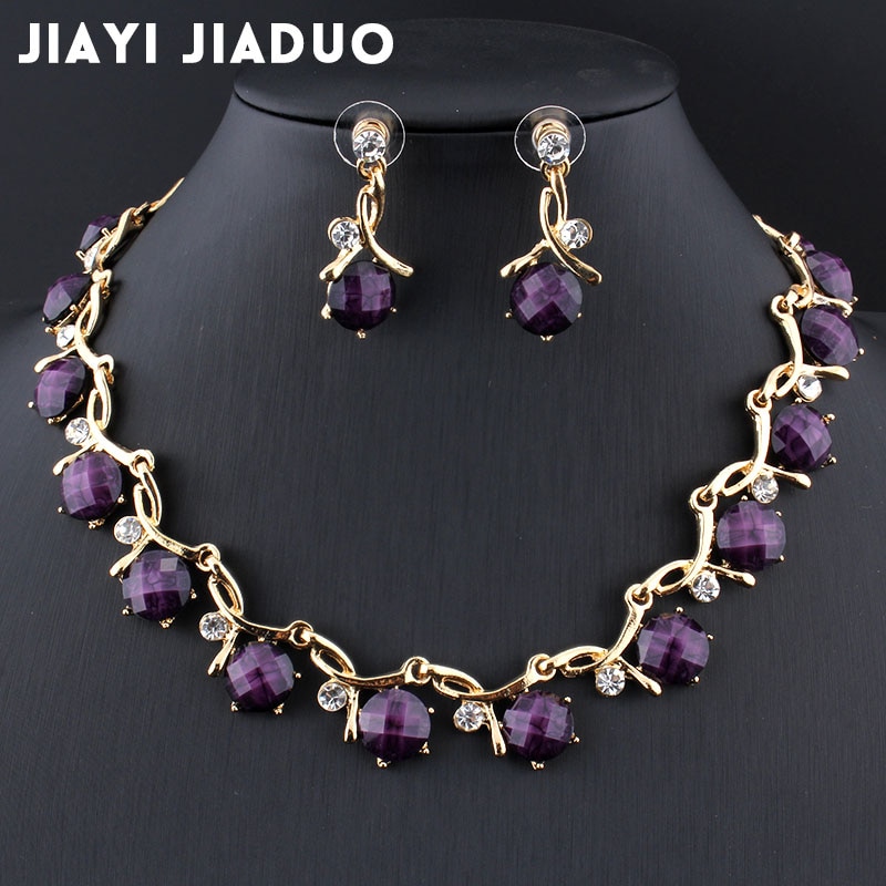 Jiayijiaduo-juegos de joyas para mujer, accesorios para vestido de banquete, collar de resina púrpura, pendientes de Color dorado