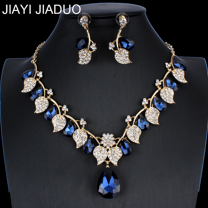 Jiayijiaduo-Conjunto de joyería nupcial, collar de cristal, pendientes, tipo hoja clásica, joyería de boda NE + EA