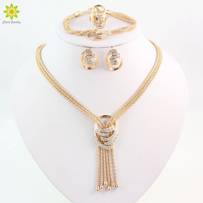 Conjunto de joyería de cuentas de última moda africana para mujer, traje de boda, fiesta, Color dorado, collar de cristal, pulsera pendiente, anillo