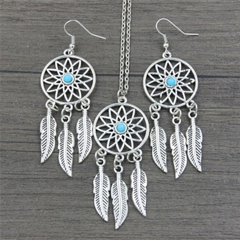 Colgante de atrapasueños de hoja de plumas Vintage bohemio, colgante, collar, pendientes, conjunto de joyería para mujer, regalo de fiesta