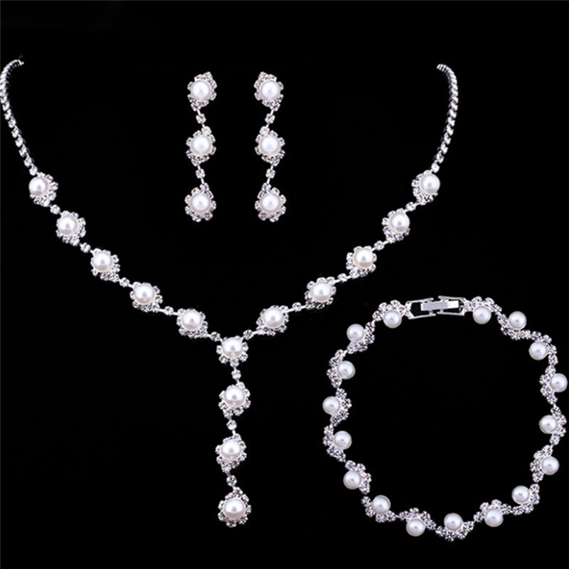 Conjunto de joyas de diamantes de imitación para boda y boda, collar y pendientes de perlas de imitación, Conjunto elegante de cuentas de cristal para compromiso