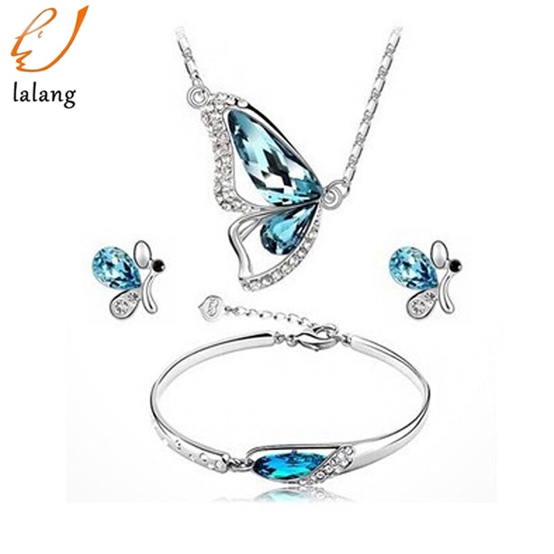 Conjunto de joyas de cristal azul plateado para mujer, colgante de mariposa y cristal austriaco, collar, pendientes, pulsera para mujer, conjunto de joyería