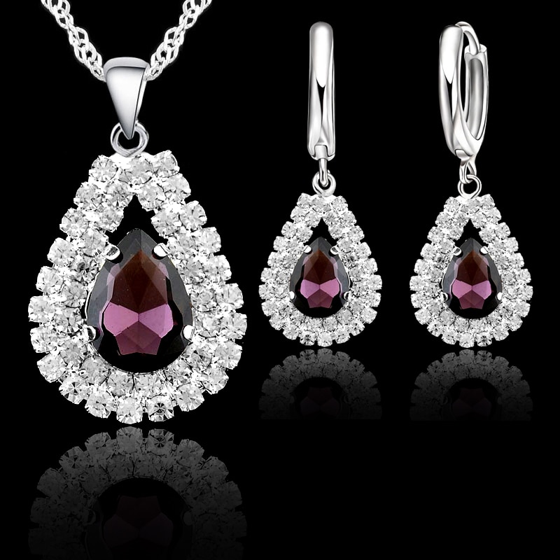 Conjunto de joyería de plata de ley S925 para mujer, Set de collar y pendientes con colgantes de cristal y gota de agua para boda y compromiso