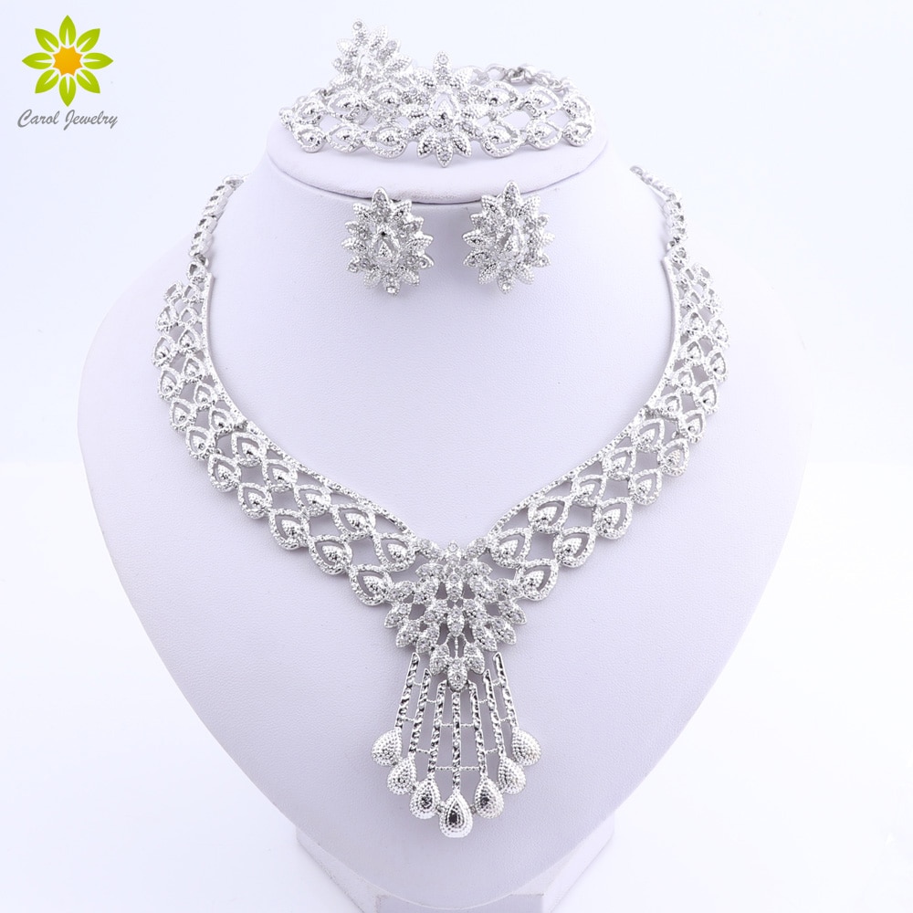 Conjuntos de joyería de cristal para novia, collar de boda plateado, pendientes, anillo de pulsera, cuentas africanas, conjuntos de joyería, accesorios
