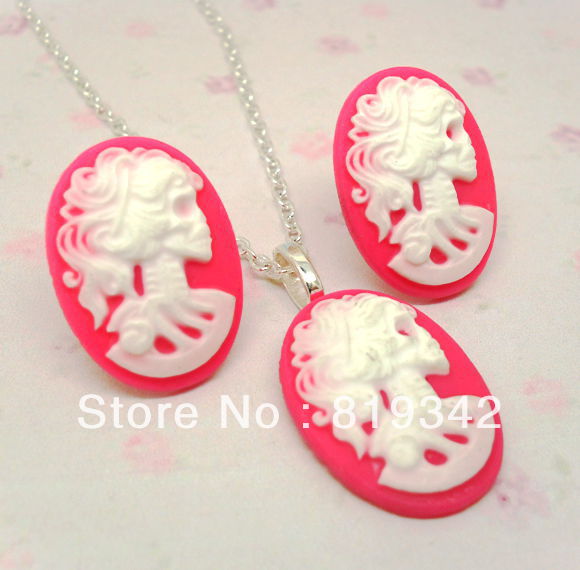 Conjunto de joyas de pendiente y collar, 4 set/lote, CAMEO esqueleto grande FUNKY de 18 ", EMO gótico, PUNK, SKULL, VINTAGE, STEAMPUNK