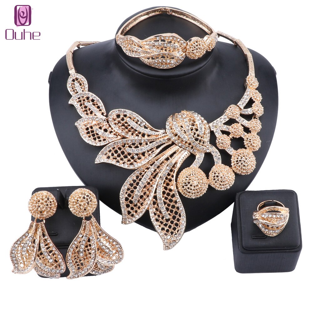 Joyería de Oro africano de Dubái para mujer, collar de cristal nigeriano, anillo, pendientes, accesorios de novia italiana, conjunto de joyería