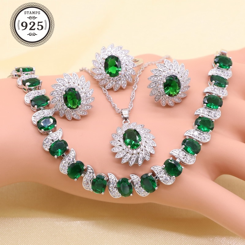 Juego de joyas de imitación de Esmeralda verde para mujer, cristal blanco, circonia, color plateado, conjuntos de joyería nupcial, collar, pendientes, anillo y pulsera