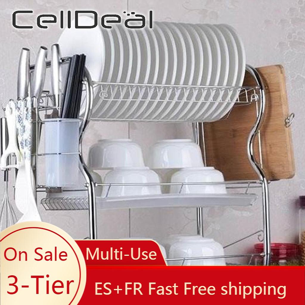 CellDeal-estante de cocina de 3 niveles, escurridor de platos, bandeja de goteo, platos, cubiertos, soporte para estante de almacenaje para cocina, estantes de cocina