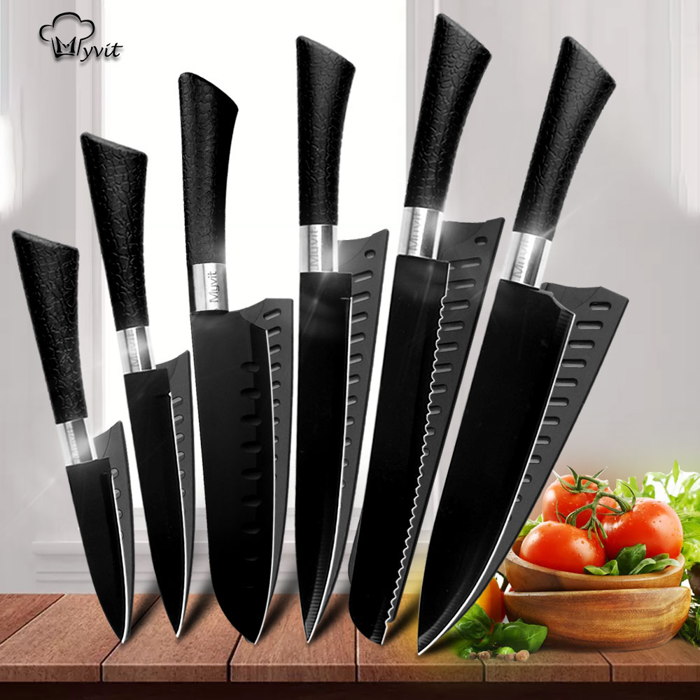 Set de cuchillos de Chef de acero inoxidable cuchillos herramientas negro hoja cocina de Santoku Chef cortar pan conjunto de accesorios de cocina herramientas